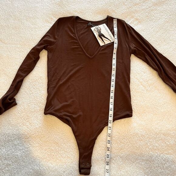 Naked Wardrobe Bodysuit Large Brown V-Neck Long Sleeve Thong Stretch NW-B0125 - Picture 8 of 9